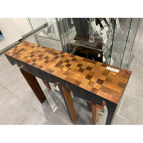 David Flynn - Wide Carved Cedar Hallway Table with burned embellishments 